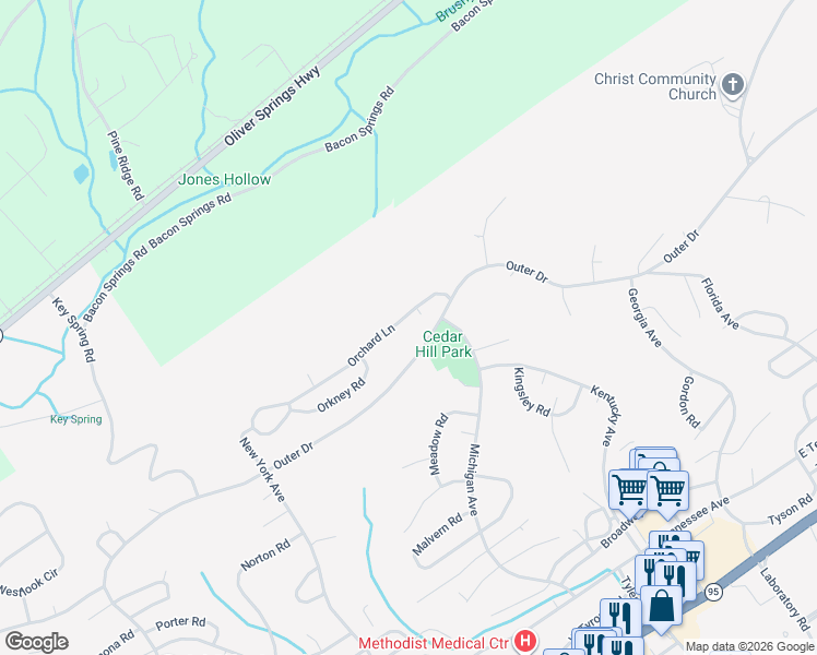 map of restaurants, bars, coffee shops, grocery stores, and more near 158 Outer Drive in Oak Ridge