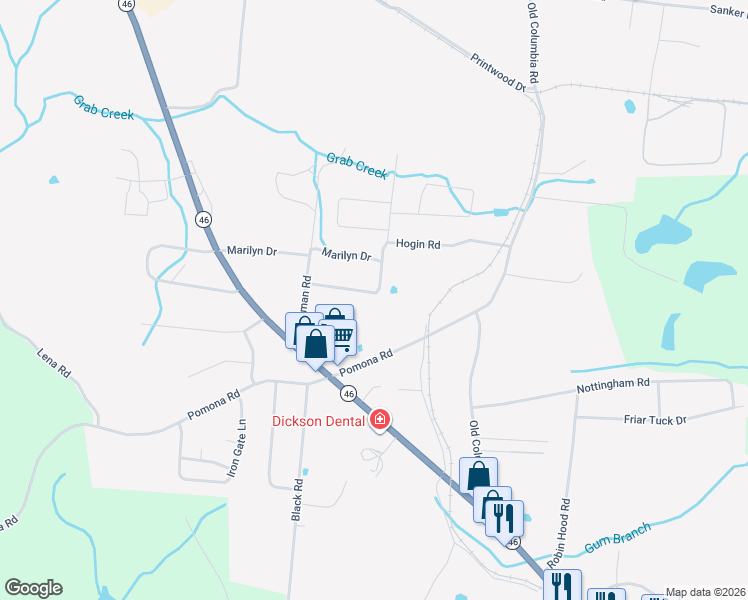 map of restaurants, bars, coffee shops, grocery stores, and more near 110 Hogin Road in Dickson