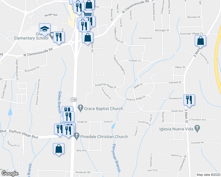 map of restaurants, bars, coffee shops, grocery stores, and more near 1028 Kingstree Ridge Drive in Winston-Salem