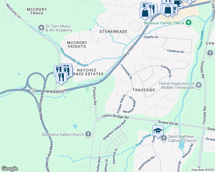 map of restaurants, bars, coffee shops, grocery stores, and more near 8353 Tennessee 100 in Nashville
