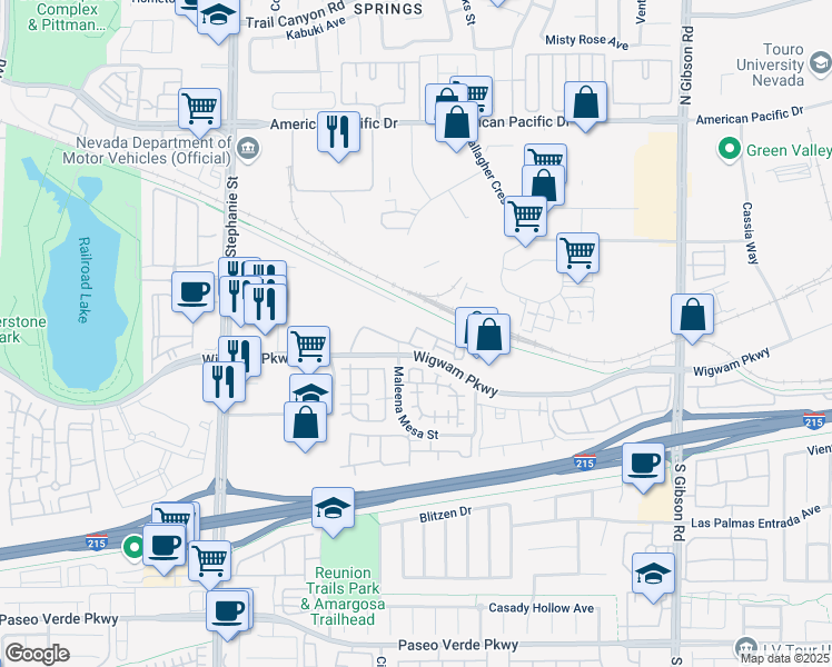 map of restaurants, bars, coffee shops, grocery stores, and more near 1250 Wigwam Parkway in Henderson