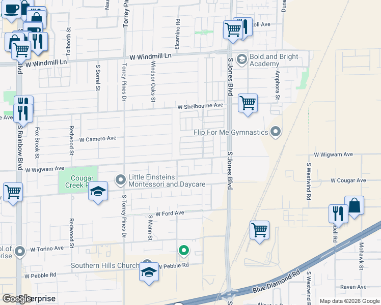 map of restaurants, bars, coffee shops, grocery stores, and more near 6262 Tillman Crest Avenue in Las Vegas