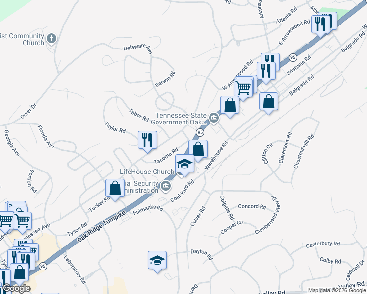 map of restaurants, bars, coffee shops, grocery stores, and more near 181 Tacoma Road in Oak Ridge