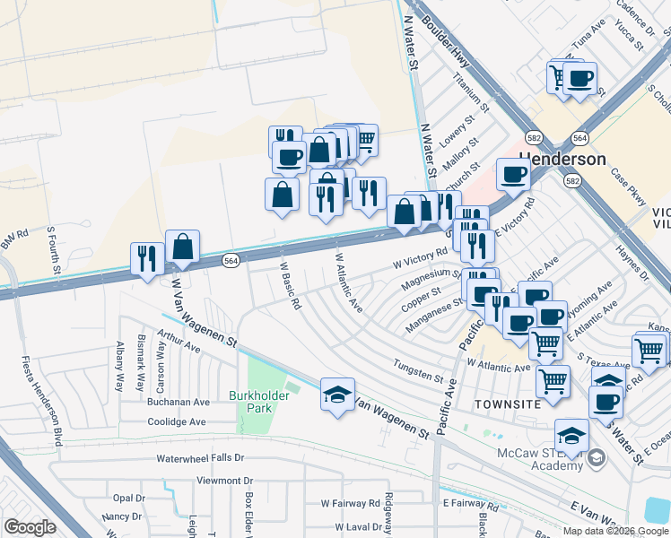 map of restaurants, bars, coffee shops, grocery stores, and more near 2 West Atlantic Avenue in Henderson