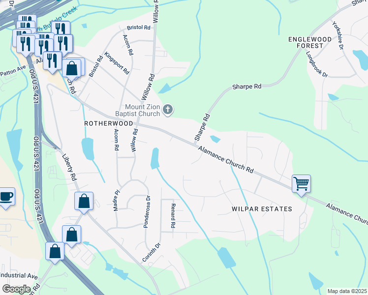map of restaurants, bars, coffee shops, grocery stores, and more near 1328 Alamance Church Road in Greensboro