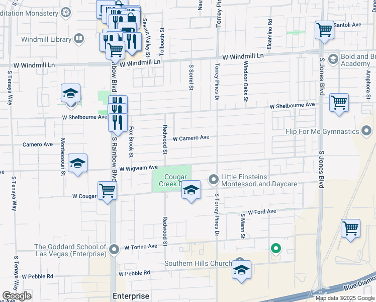 map of restaurants, bars, coffee shops, grocery stores, and more near 6637 West Camero Avenue in Las Vegas