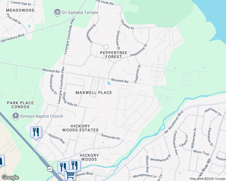map of restaurants, bars, coffee shops, grocery stores, and more near 4277 Maxwell Road in Nashville