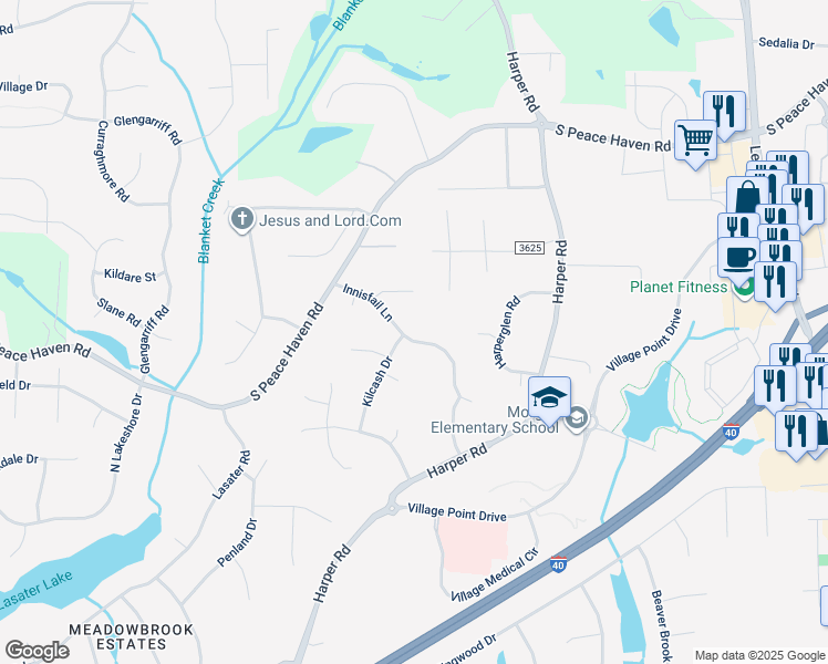map of restaurants, bars, coffee shops, grocery stores, and more near 2529 Innisfail Lane in Clemmons
