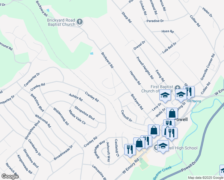 map of restaurants, bars, coffee shops, grocery stores, and more near 8009 Verona Lane in Powell