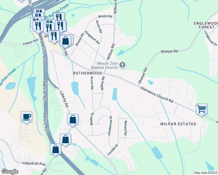 map of restaurants, bars, coffee shops, grocery stores, and more near 1308 Cartwright Drive in Greensboro