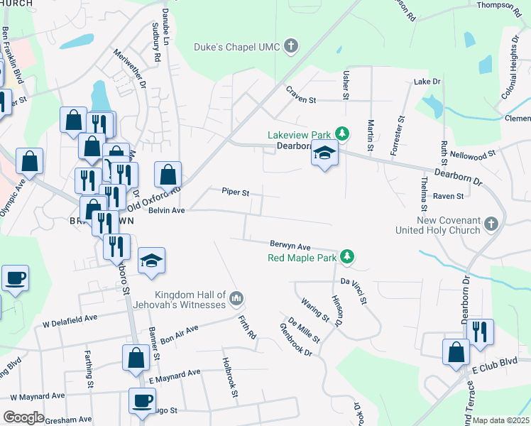 map of restaurants, bars, coffee shops, grocery stores, and more near 813 Belvin Avenue in Durham