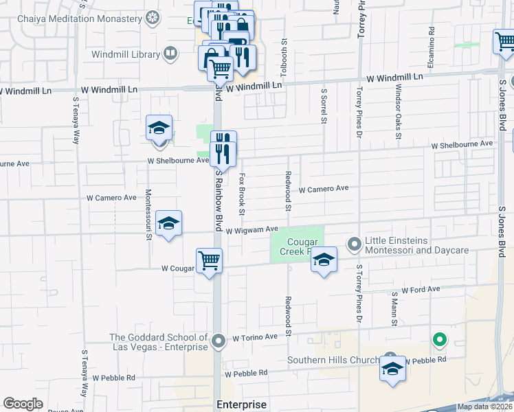 map of restaurants, bars, coffee shops, grocery stores, and more near 6771 Flamenco Court in Las Vegas