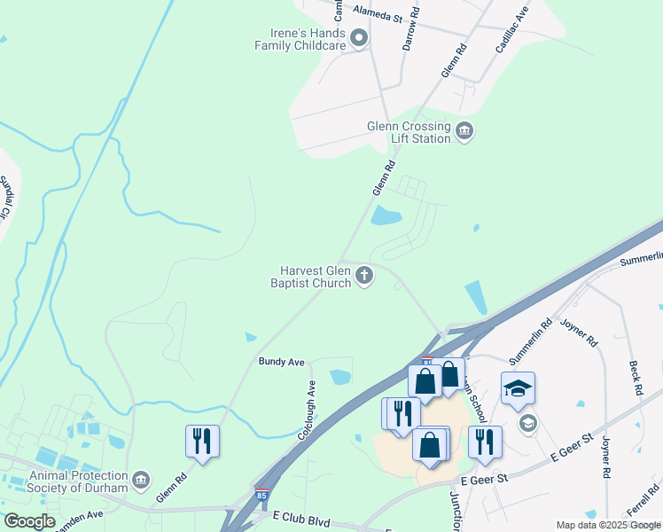 map of restaurants, bars, coffee shops, grocery stores, and more near 3417 Glenn Road in Durham