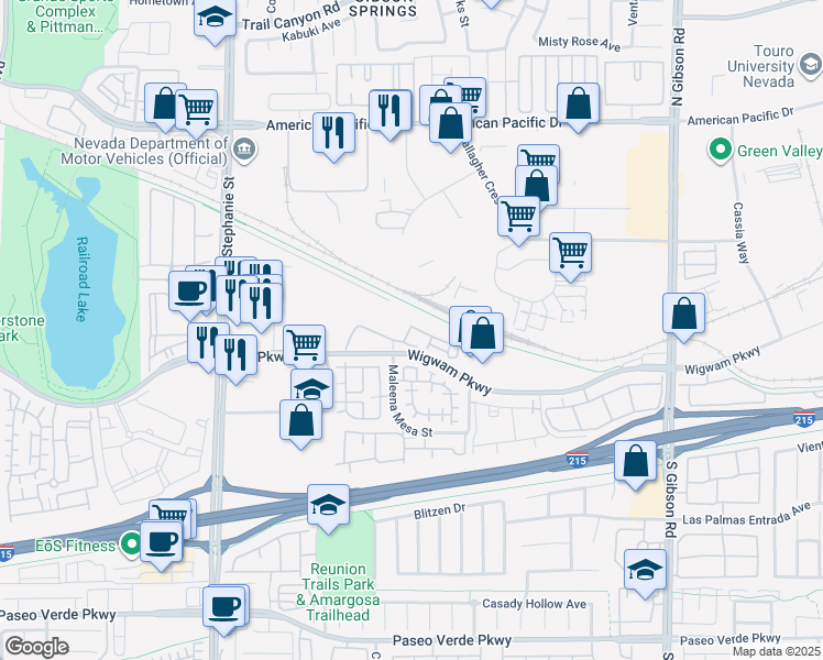 map of restaurants, bars, coffee shops, grocery stores, and more near 1250 Wigwam Parkway in Henderson