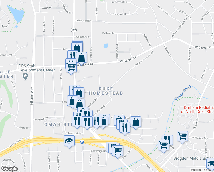 map of restaurants, bars, coffee shops, grocery stores, and more near 2803 Duke Homestead Road in Durham