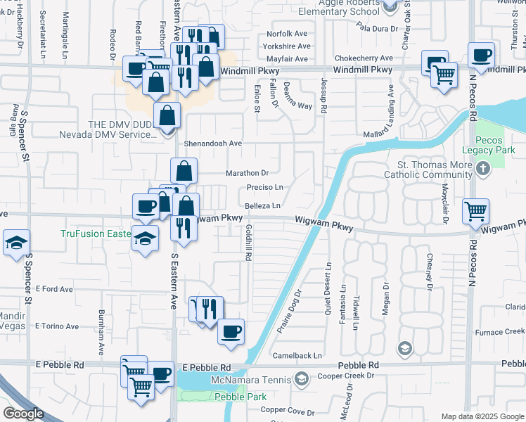map of restaurants, bars, coffee shops, grocery stores, and more near 2839 Belleza Lane in Henderson