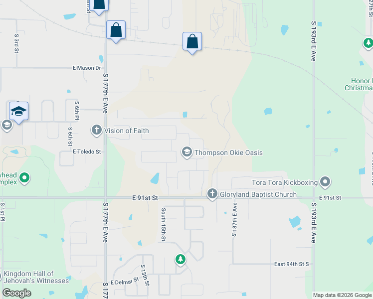 map of restaurants, bars, coffee shops, grocery stores, and more near 8709 South Lynn Lane Road in Broken Arrow