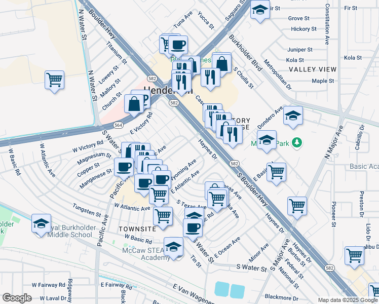 map of restaurants, bars, coffee shops, grocery stores, and more near 123 East Pacific Avenue in Henderson