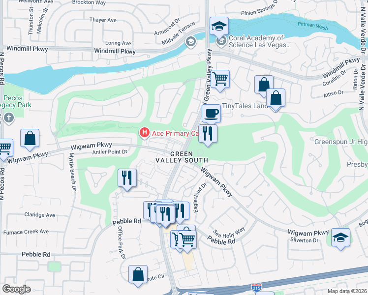 map of restaurants, bars, coffee shops, grocery stores, and more near 1401 North Green Valley Parkway in Henderson