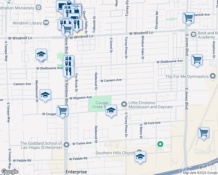 map of restaurants, bars, coffee shops, grocery stores, and more near 6637 West Camero Avenue in Las Vegas