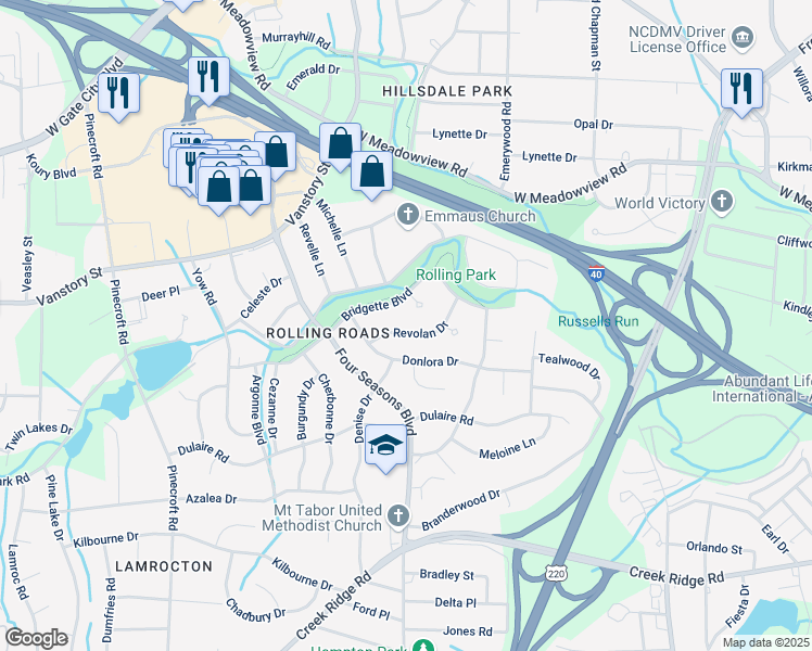 map of restaurants, bars, coffee shops, grocery stores, and more near 2303 Bridgette Boulevard in Greensboro