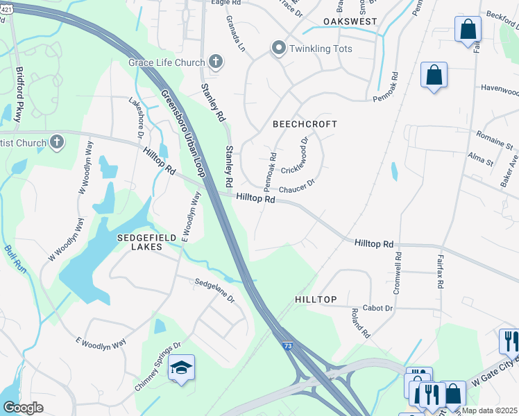 map of restaurants, bars, coffee shops, grocery stores, and more near 4901 Chaucer Drive in Greensboro