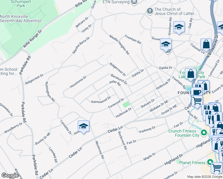 map of restaurants, bars, coffee shops, grocery stores, and more near 2217 Aster Road in Knoxville