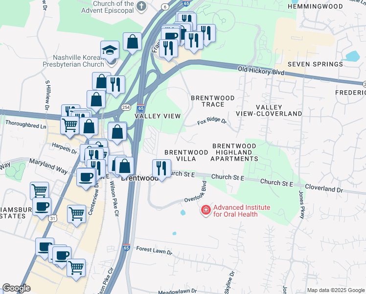map of restaurants, bars, coffee shops, grocery stores, and more near 101 Villa View Court in Brentwood