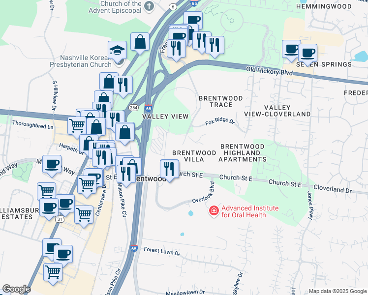 map of restaurants, bars, coffee shops, grocery stores, and more near 101 Villa View Court in Brentwood