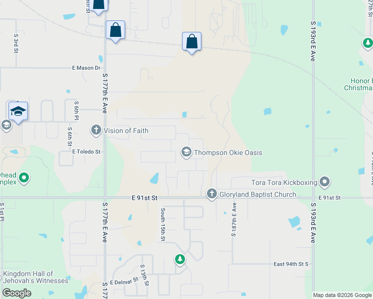 map of restaurants, bars, coffee shops, grocery stores, and more near 8709 South Lynn Lane Road in Broken Arrow
