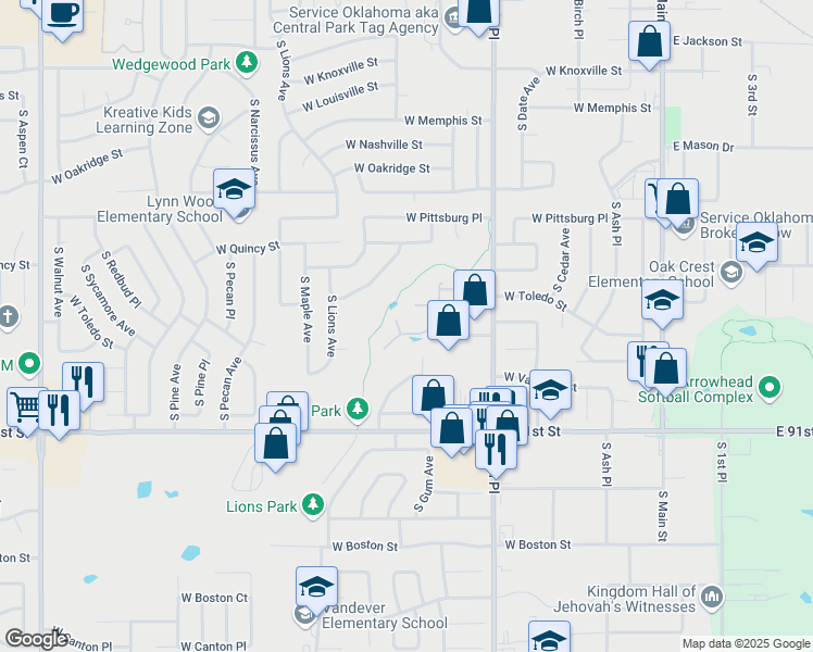 map of restaurants, bars, coffee shops, grocery stores, and more near 912 West Toledo Circle in Broken Arrow