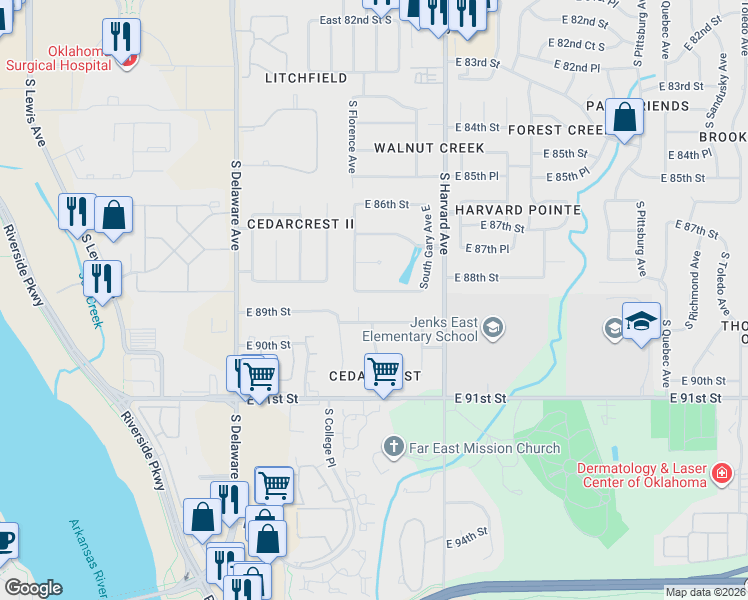 map of restaurants, bars, coffee shops, grocery stores, and more near 3119 East 88th Street in Tulsa