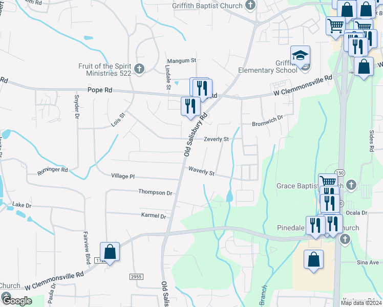 map of restaurants, bars, coffee shops, grocery stores, and more near 2324 Old Salisbury Road in Winston-Salem