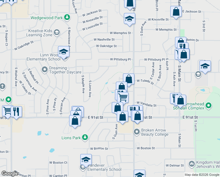 map of restaurants, bars, coffee shops, grocery stores, and more near 912 West Toledo Circle in Broken Arrow