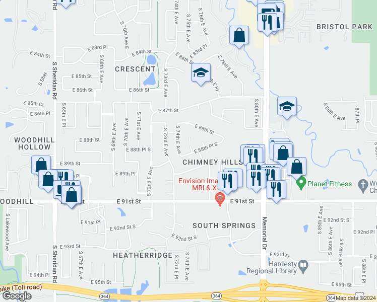 map of restaurants, bars, coffee shops, grocery stores, and more near 8822 South 75th East Avenue in Tulsa