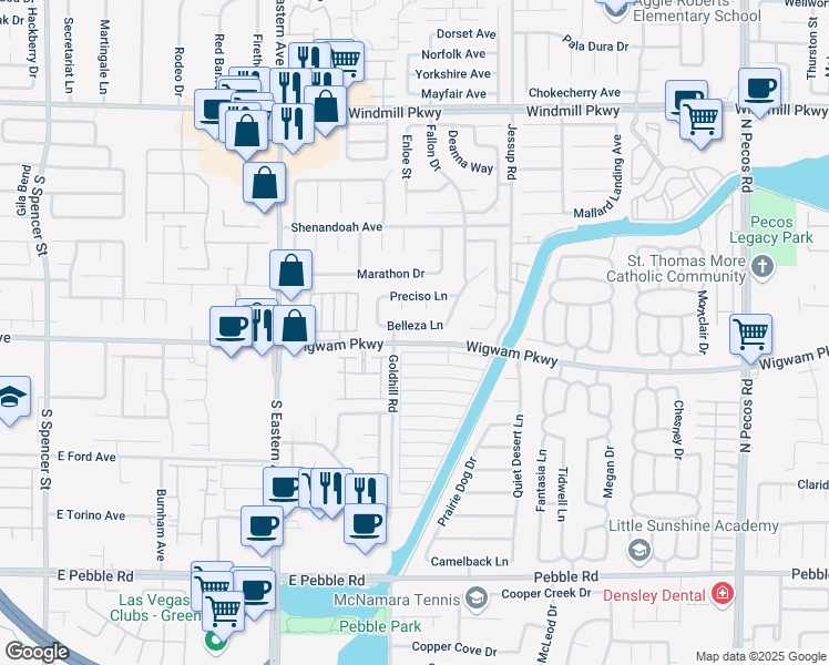 map of restaurants, bars, coffee shops, grocery stores, and more near 2839 Belleza Lane in Henderson