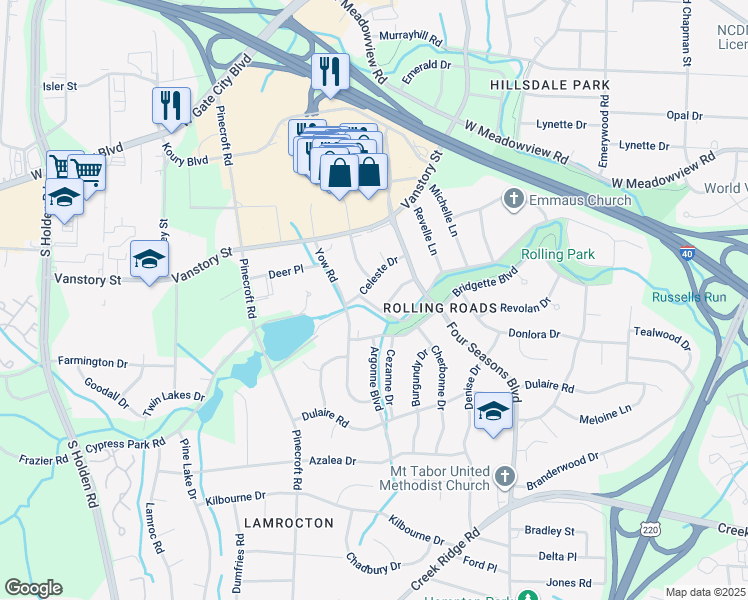 map of restaurants, bars, coffee shops, grocery stores, and more near 2518 Cheltenham Boulevard in Greensboro