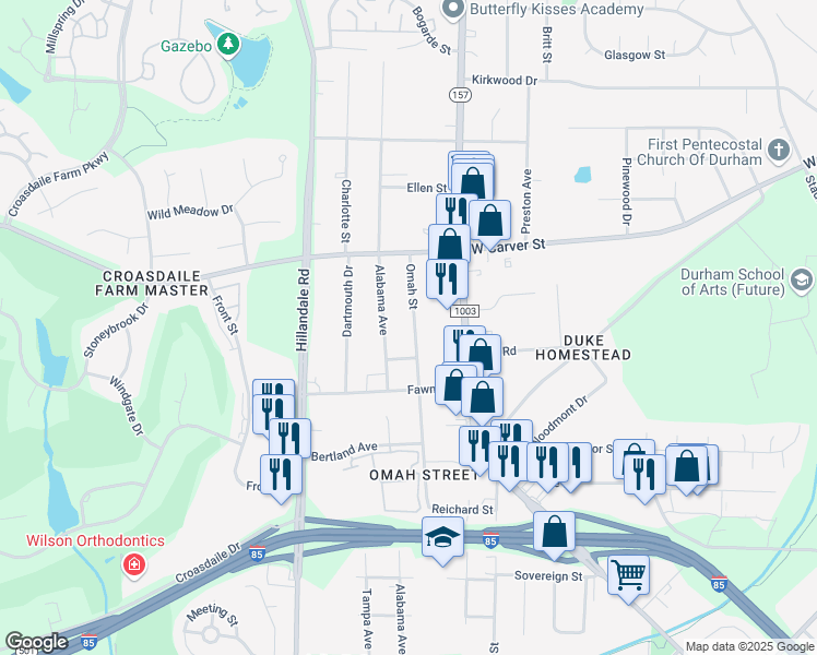 map of restaurants, bars, coffee shops, grocery stores, and more near 2911 Omah Street in Durham