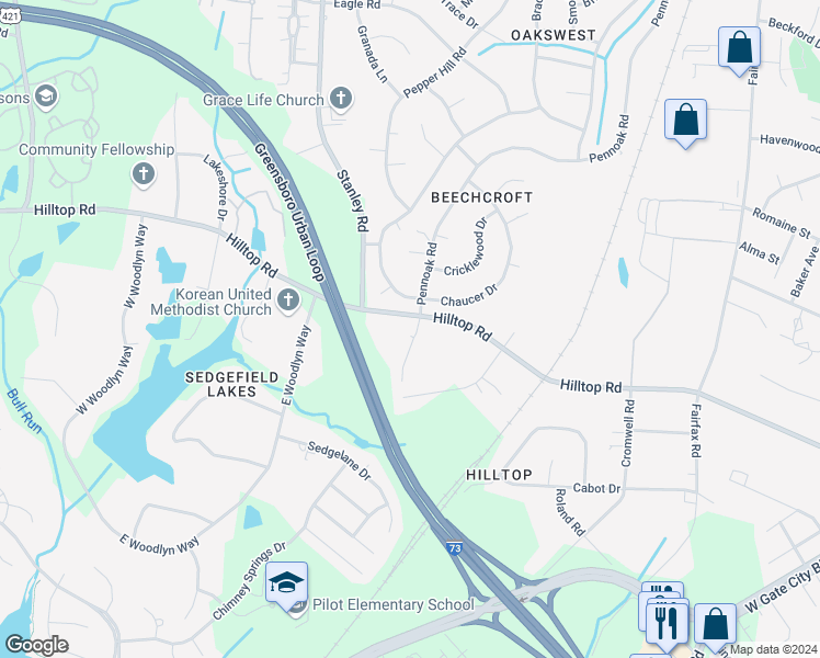map of restaurants, bars, coffee shops, grocery stores, and more near 4700 Pennoak Lane in Greensboro