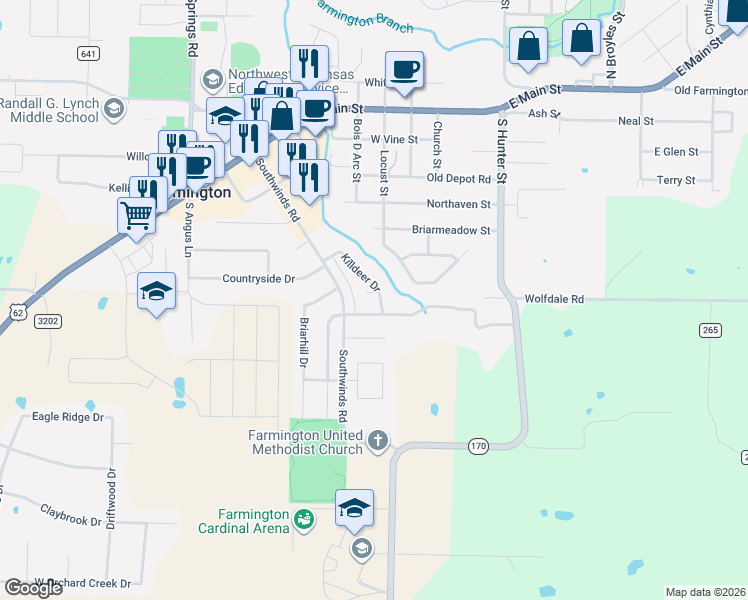 map of restaurants, bars, coffee shops, grocery stores, and more near 183 Killdeer Drive in Farmington