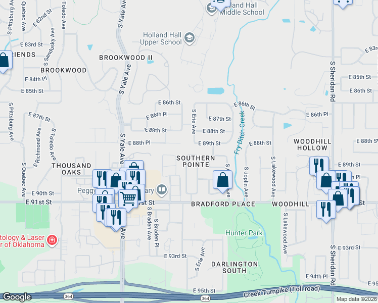 map of restaurants, bars, coffee shops, grocery stores, and more near 5405 East 89th Street in Tulsa
