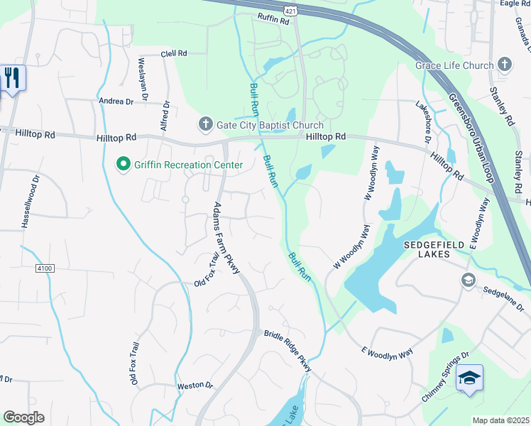 map of restaurants, bars, coffee shops, grocery stores, and more near 5 Rosecliff Court in Greensboro