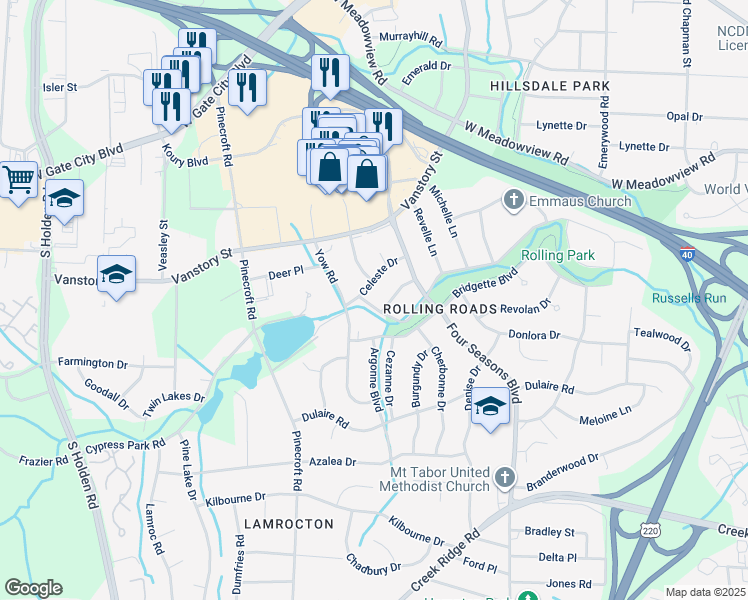 map of restaurants, bars, coffee shops, grocery stores, and more near 2518 Cheltenham Boulevard in Greensboro