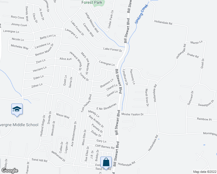 map of restaurants, bars, coffee shops, grocery stores, and more near 1018 Cheryl Lane in La Vergne