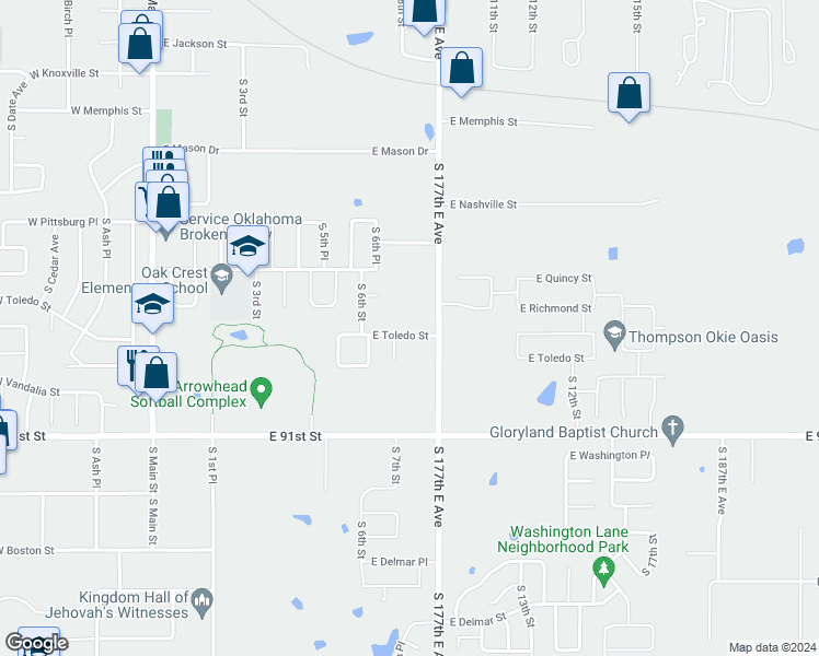 map of restaurants, bars, coffee shops, grocery stores, and more near 704 East Toledo Street in Broken Arrow