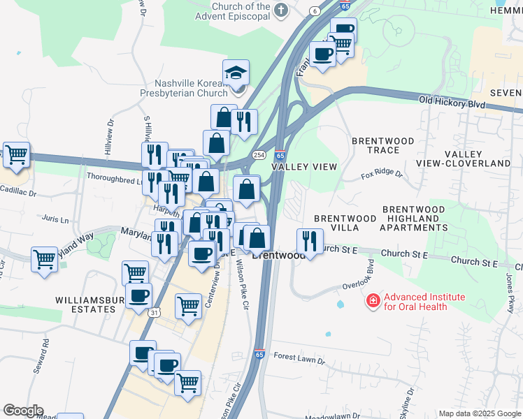 map of restaurants, bars, coffee shops, grocery stores, and more near 130 Frierson Street in Brentwood