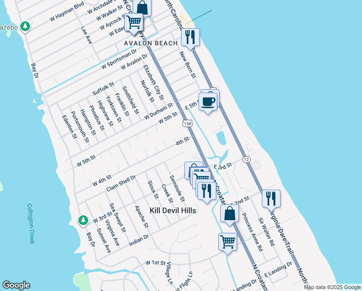 map of restaurants, bars, coffee shops, grocery stores, and more near 201 West 4th Street in Kill Devil Hills