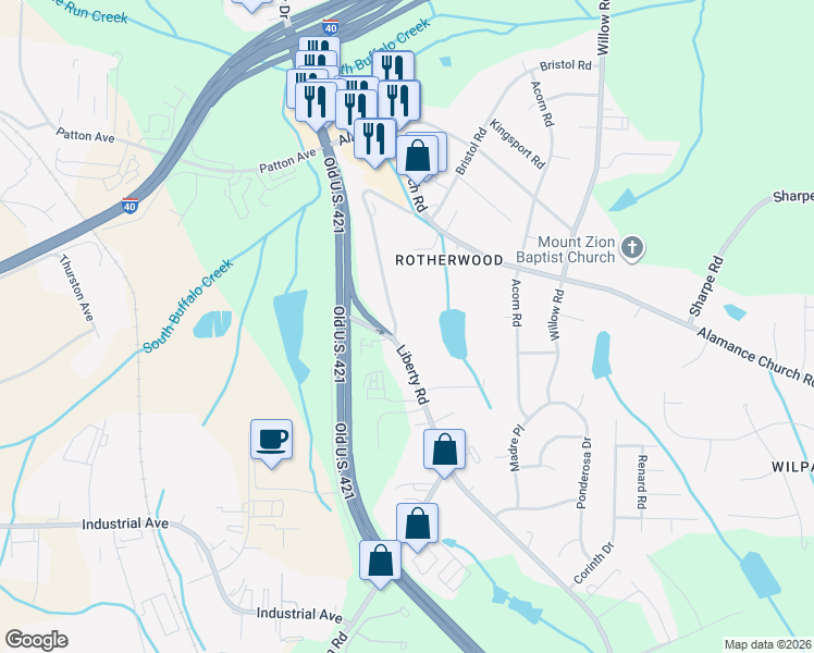 map of restaurants, bars, coffee shops, grocery stores, and more near 2605 Liberty Road in Greensboro