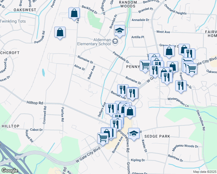 map of restaurants, bars, coffee shops, grocery stores, and more near 4202 Bernau Avenue in Greensboro