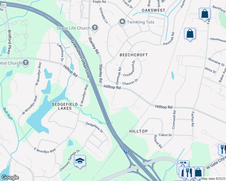 map of restaurants, bars, coffee shops, grocery stores, and more near 4901 Chaucer Drive in Greensboro